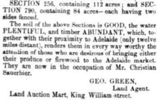 Foot of the 1853 South Australian Register advertisement noting the sections are in the occupation of Mr Christian Sauerbier