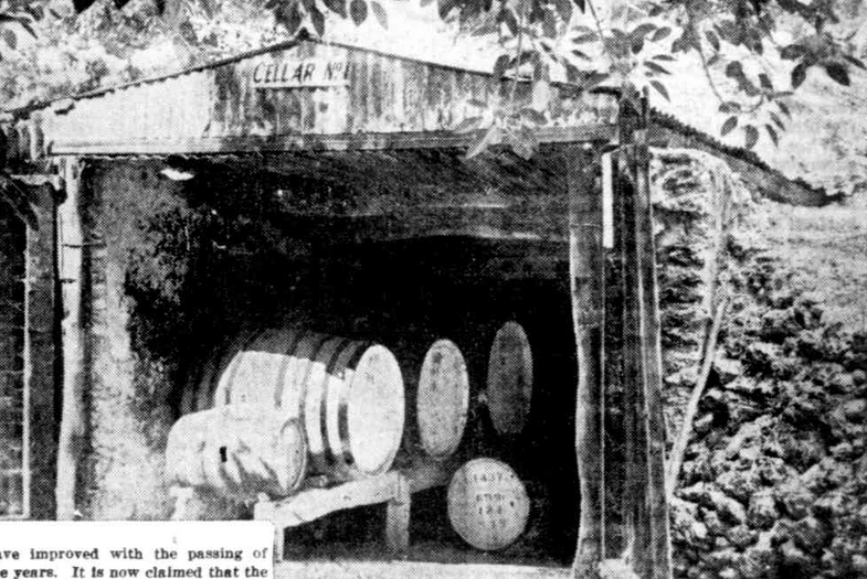Black-and-white photograph of the exterior of the Old Cave entrance, a low stone wall surround with open wooden doors revealing three large wine barrels stacked inside, vegetation around the entrance