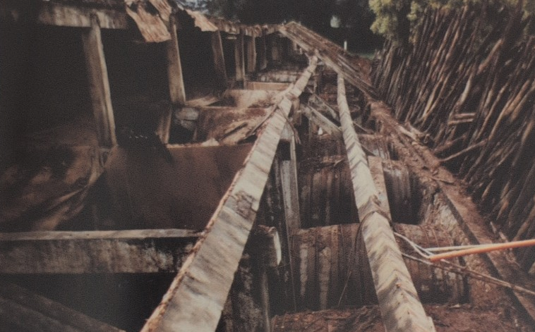 Close-up photograph of the Old Cave's original roofing timbers exposed during restoration, showing horizontal log poles with layers of earth and clay material packed between them