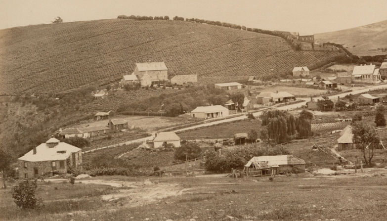 View of Clarendon from School Hill, c.1875, with the thatched Tally-Ho Hotel visible in the left middle distance