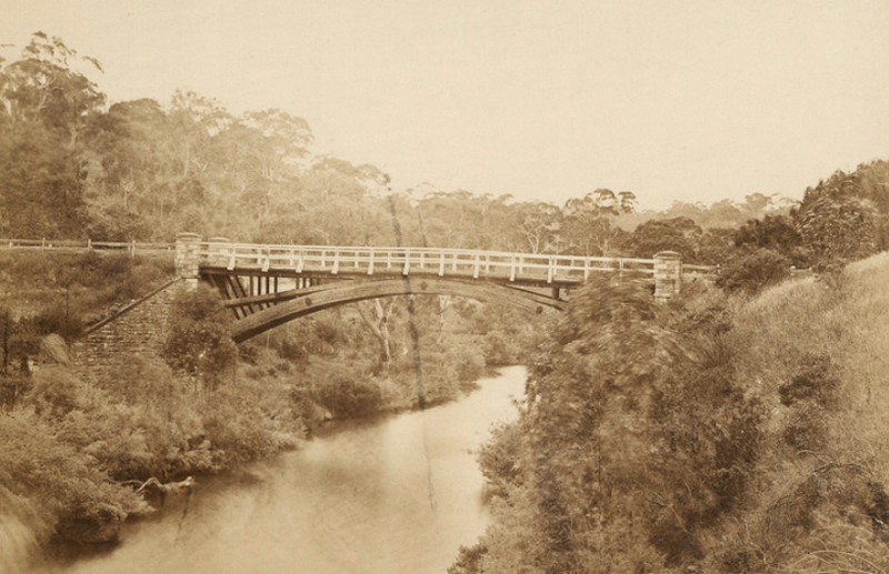 The original timber bridge at Clarendon over the Onkaparinga River, c.1872