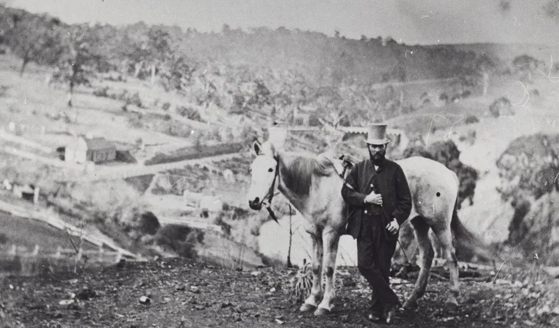 Black-and-white photograph of a bearded man in a wide-brimmed hat and dark jacket standing beside a horse on a cleared hillside, with the Clarendon township and vineyard slopes visible behind him
