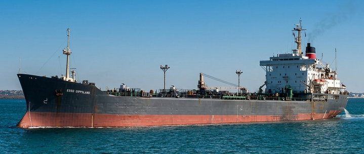 The Esso Gippsland tanker underway on calm blue water, viewed from a low angle showing the dark hull and red waterline