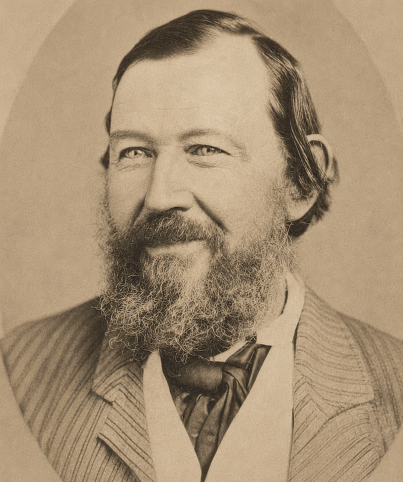 Sepia oval portrait of a middle-aged man with a full brown beard, wearing a lapelled jacket and cravat, facing the camera — a formal Victorian-era studio portrait