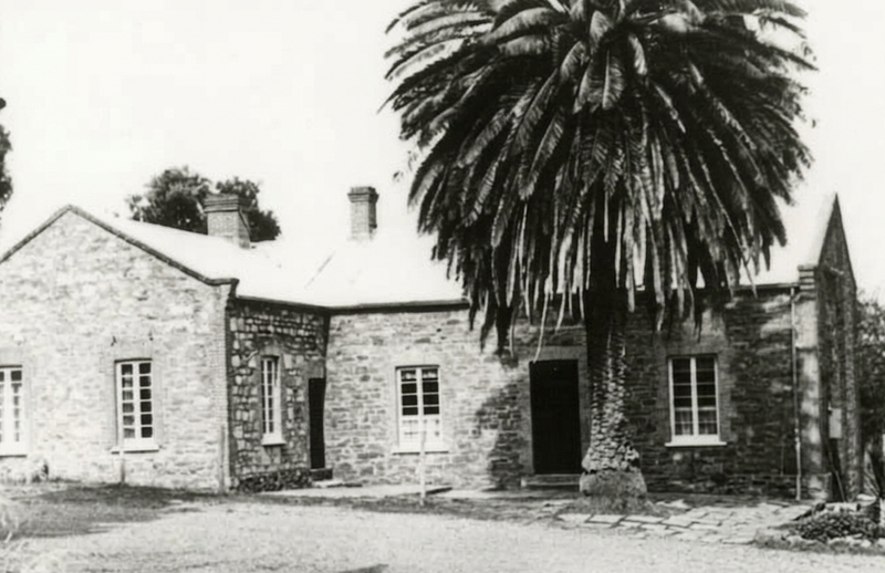 Black-and-white photograph of a low two-wing stone building with a chimney and a tall palm tree dominating the right side, with a gravel forecourt