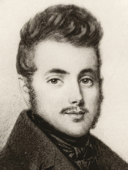 Engraved portrait of a young man with curly dark hair and a high collar, facing slightly right, mid-nineteenth century