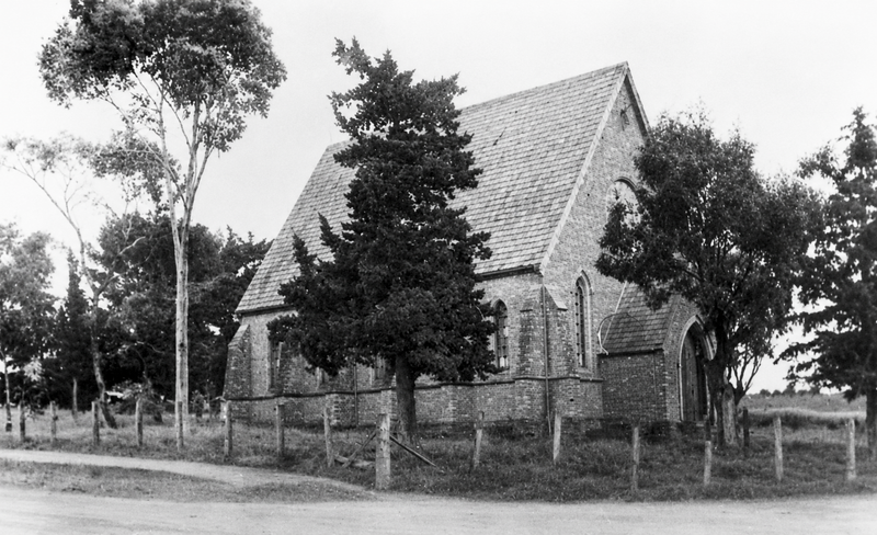 The McLaren Vale Congregational Church, a stone building with a steeply pitched slate roof surrounded by trees, photographed in the early twentieth century
