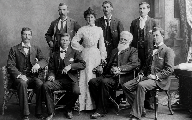 The O'Sullivan family, Morphett Vale, circa 1898. Standing from left: Ignatius, Lillian May, John (Jack), and Barry. Seated: Herbert, Eugene, Thomas Senior, and Thomas Junior.