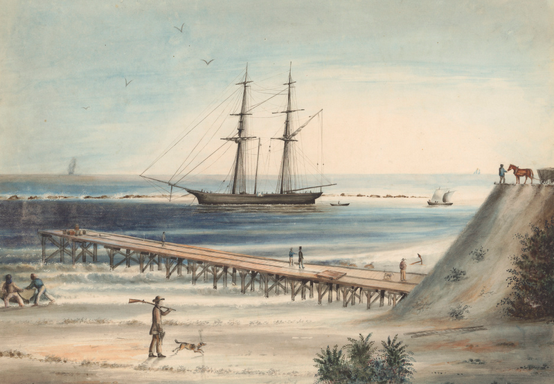 Watercolour painting of Port Noarlunga jetty in 1855, showing a square-rigged sailing vessel moored at a timber jetty extending from a sandy beach, with figures on the beach and cliff