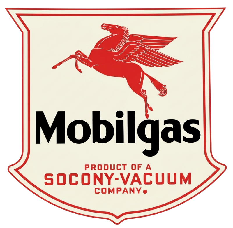 Mobilgas shield-shaped logo featuring a winged red Pegasus above the word Mobilgas and the text Product of a Socony-Vacuum Company