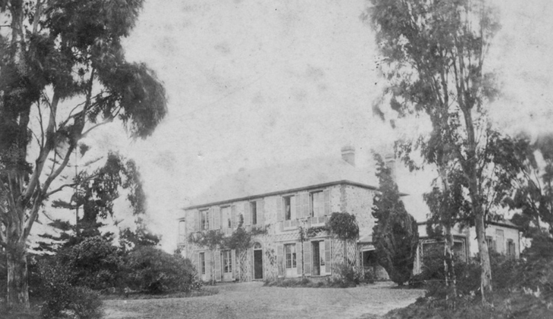 Tsong Gyiaou, a two-storey stone house at McLaren Vale surrounded by young gum trees, photographed around 1867